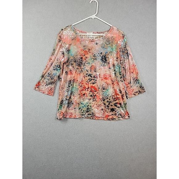 Clint Honolulu Colorful Tropical Floral 3/4 Sleeve Blouse Large Stretch Sheer - Picture 1 of 12